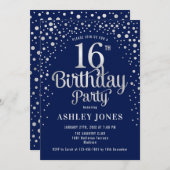 16e verjaardagsfeest - Navy & Silver Kaart (Voorkant / Achterkant)
