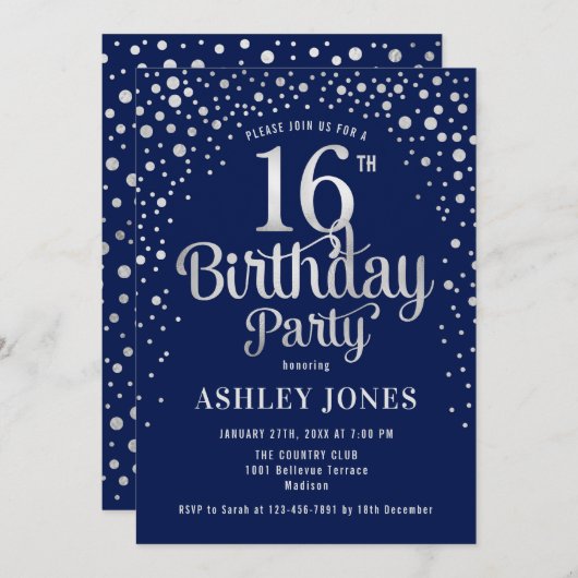16e verjaardagsfeest - Navy & Silver Kaart (Voorkant / Achterkant)