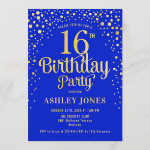 16e verjaardagsfeest - Royal Blue & Gold Kaart