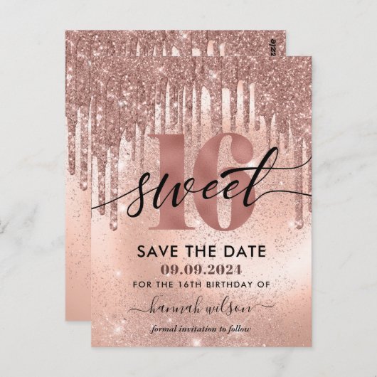 16e Verjaardagsfeest Roze Goud Save The Date  Briefkaart (Voorkant / Achterkant)
