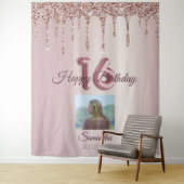 16e Verjaardagsfeest Roze Gouden Ballon Glitter Wandkleed (In situ)