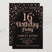 16e Verjaardagsfeest - Zwart & Roos Goud Kaart (Voorkant / Achterkant)