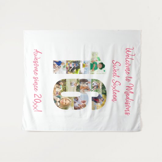 16e verjaardagsfeestje Fotocollage Roze achtergron Wandkleed (Voorkant (horizontaal))