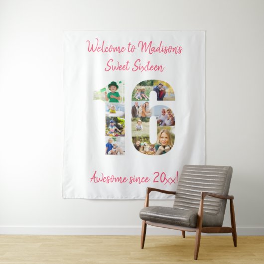 16e verjaardagsfeestje Fotocollage Roze achtergron Wandkleed (In situ)