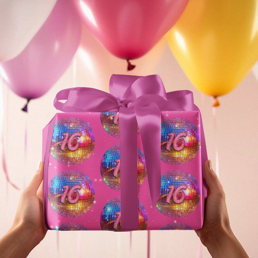 16e verjaardagsfeestje Gouden Roze Glitter Disco B Cadeaupapier