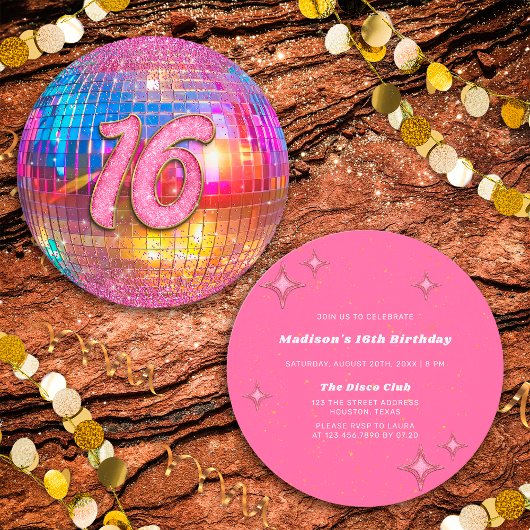 16e verjaardagsfeestje Gouden Roze Glitter Disco B Kaart