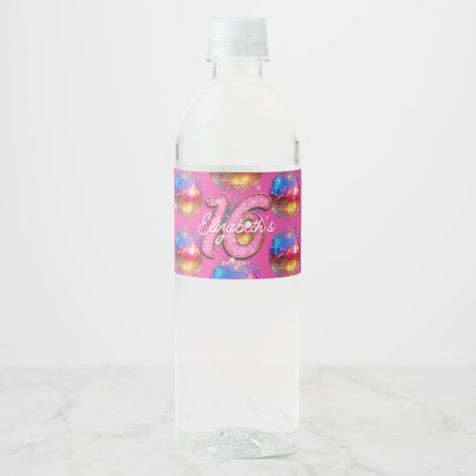 16e verjaardagsfeestje Gouden Roze Glitter Disco B Waterfles Etiket (Voorkant)