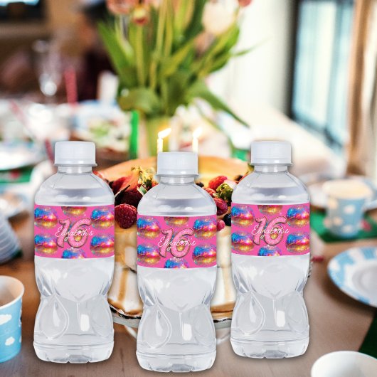 16e verjaardagsfeestje Gouden Roze Glitter Disco B Waterfles Etiket