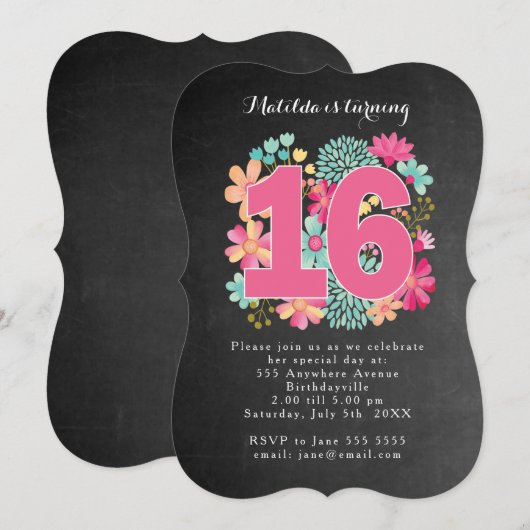 16e verjaardagsfeestje krijtbord geschilderd bloem kaart (Voorkant / Achterkant)
