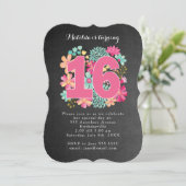 16e verjaardagsfeestje krijtbord geschilderd bloem kaart (Staand voorkant)