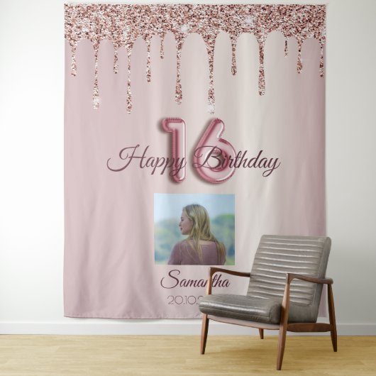 16e verjaardagsfeestje Roze gouden ballon glitters Wandkleed (In situ)