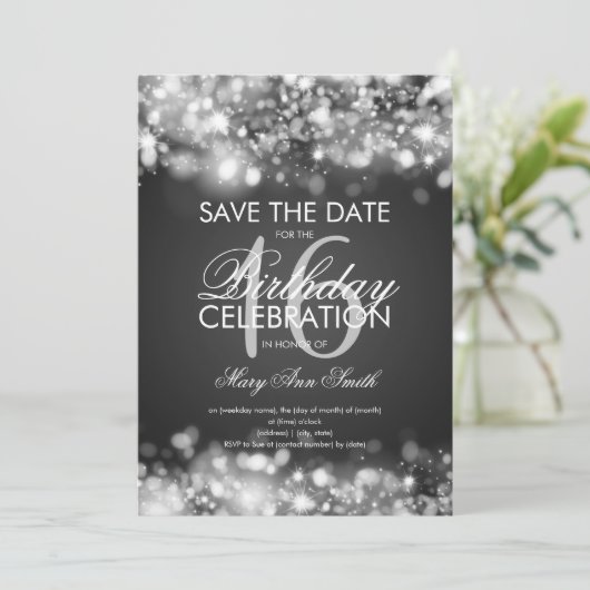 16e verjaardagsfeestje "Save The Date" zilver Kaart (Staand voorkant)