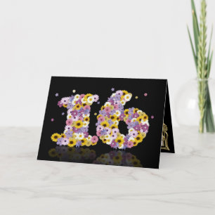 16e verjaardagskaart met bloemen letters kaart