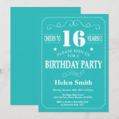 16e verjaardagsuitnodiging Blauwgroen en wit Kaart (Voorkant / Achterkant)