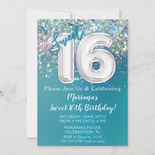 16e verjaardagsuitnodiging Blauwgroen zilveren gli Kaart (Voorkant)