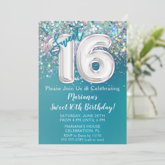 16e verjaardagsuitnodiging Blauwgroen zilveren gli Kaart (Staand voorkant)