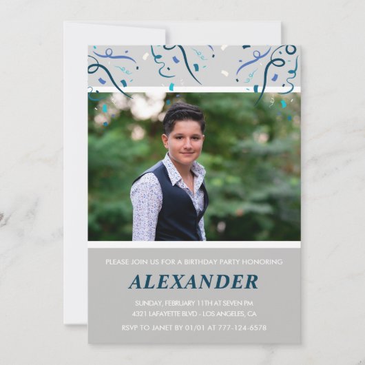16e verjaardagsuitnodiging Mannen Confetti Photo N Kaart (Voorkant)