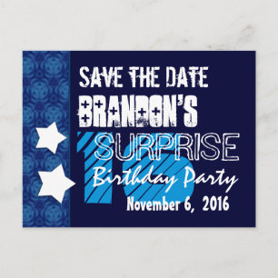 16e Verrassingsverjaardag Save the Date Blue Stars Aankondigingskaart