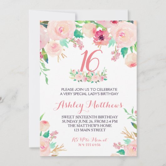 16E ZOET ZESTIEN verjaardag roze Bloemen Uitnodigi Kaart (Voorkant)