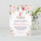 16E ZOET ZESTIEN verjaardag roze Bloemen Uitnodigi Kaart (Staand voorkant)