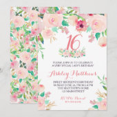 16E ZOET ZESTIEN verjaardag roze Bloemen Uitnodigi Kaart (Voorkant / Achterkant)