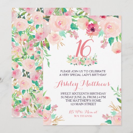 16E ZOET ZESTIEN verjaardag roze Bloemen Uitnodigi Kaart (Voorkant / Achterkant)