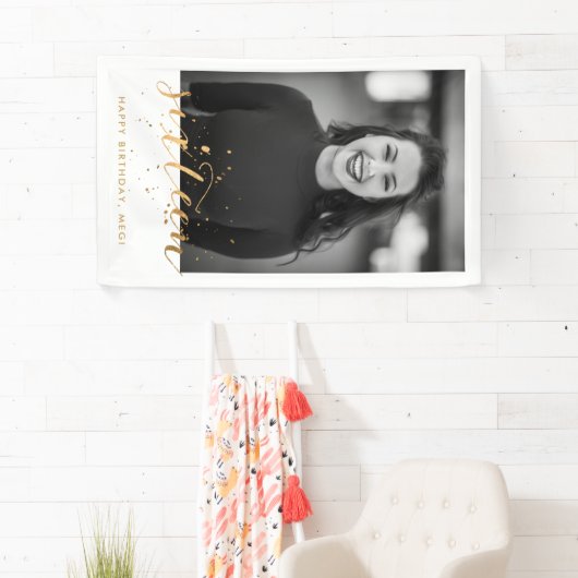 16e Zweet Zestien verjaardag Foto Gold Confetti Spandoek (Insitu)