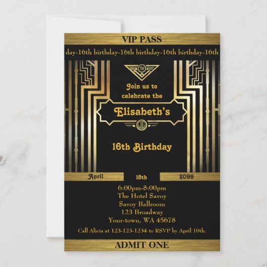 16th, Birthday 16th, Gatsby-stijl, ticket, zwart g Kaart (Voorkant)