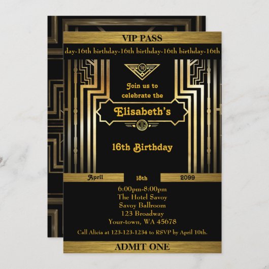 16th, Birthday 16th, Gatsby-stijl, ticket, zwart g Kaart (Voorkant / Achterkant)