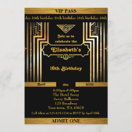 16th, Birthday 16th, Gatsby-stijl, ticket, zwart g Kaart