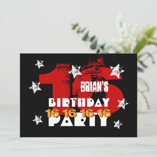 16th Birthday Black Red White Stars Save Date K04Z Save The Date (Staand voorkant)