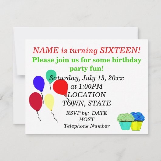 16th Birthday Blue Cupcake Snoep Bits Uitnodiging (Achterkant)