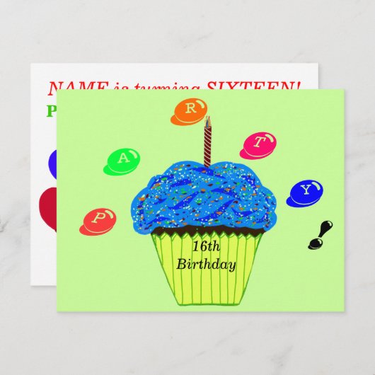 16th Birthday Blue Cupcake Snoep Bits Uitnodiging (Voorkant / Achterkant)