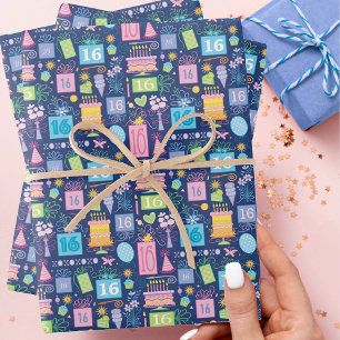 16th Birthday Cake Cadeaus Ballonnen Blauw Inpakpapier Vel