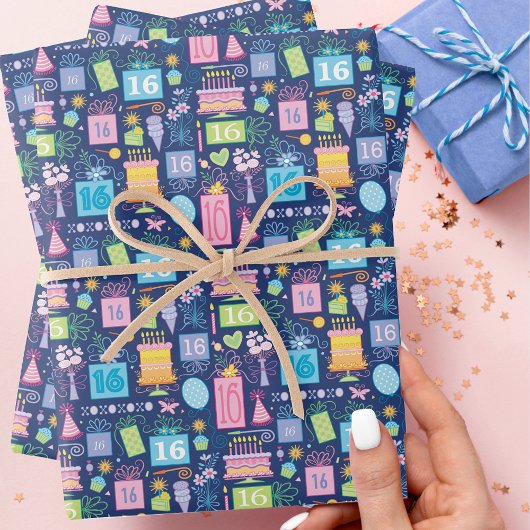 16th Birthday Cake Cadeaus Ballonnen Blauw Inpakpapier Vel