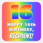 16th Birthday: Colorful, Fun Rainbow Pattern # 16 Vierkante Sticker (Voorkant)