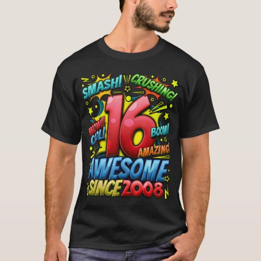 16th Birthday Comic Style Awesome since 2008 16 Ye T-shirt (Voorkant)