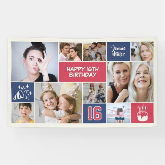 16th Birthday Custom Photo Collage Red Blue Spandoek (Horizontaal)