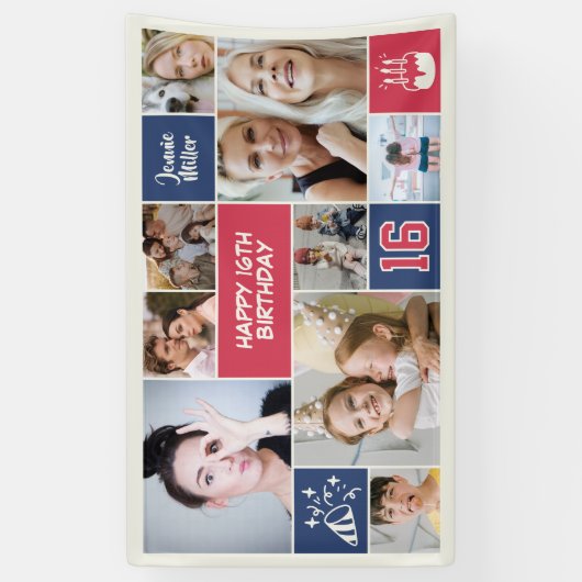 16th Birthday Custom Photo Collage Red Blue Spandoek (Verticaal)