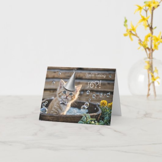 16th Birthday Cute and Funny Ginger Kitten Tub Kaart (Gele Bloem)