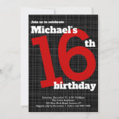 16th Birthday Invitation Black met Red Accent, Kaart (Voorkant)