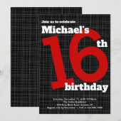16th Birthday Invitation Black met Red Accent, Kaart (Voorkant / Achterkant)