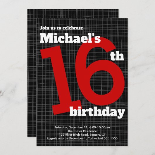 16th Birthday Invitation Black met Red Accent, Kaart (Voorkant / Achterkant)