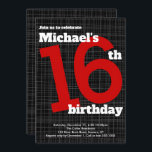 16th Birthday Invitation Black met Red Accent, Kaart<br><div class="desc">Deze moderne 16e verjaardagsuitnodiging is perfect voor een verjaardagsfeestje van een jongen met eenvoudige regels en geen frillenontwerp. Gebruik het formulier sjabloon om je gegevens toe te voegen. De CUSTOMIZE eigenschap kan worden gebruikt om de doopvont (stijl, grootte en kleuren) te veranderen, dingen rond te bewegen of tekst aan de...</div>