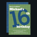 16th Birthday Invitation Blue met Green Accent Kaart<br><div class="desc">Deze moderne 16de verjaardagsuitnodiging is perfect voor een verjaardagsfeestje van het man met eenvoudige regels en geen fraai design. Gebruik het formulier sjabloon om je gegevens toe te voegen. De CUSTOMIZE eigenschap kan worden gebruikt om de doopvont (stijl, grootte en kleuren) te veranderen, dingen rond te bewegen of tekst aan...</div>