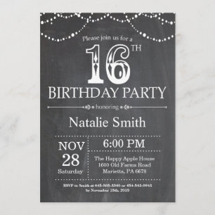 16th Birthday Invitation Chalkboard String Lights Kaart