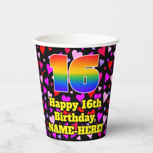 16th Birthday: Loving Hearts Pattern, Rainbow 16 Papieren Bekers (Voorkant)