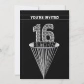 16th Birthday Party Invitation - Silver and Black, Kaart (Voorkant)