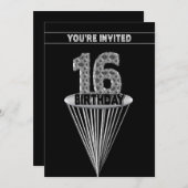 16th Birthday Party Invitation - Silver and Black, Kaart (Voorkant / Achterkant)