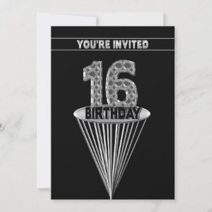 16th Birthday Party Invitation - Silver and Black, Kaart